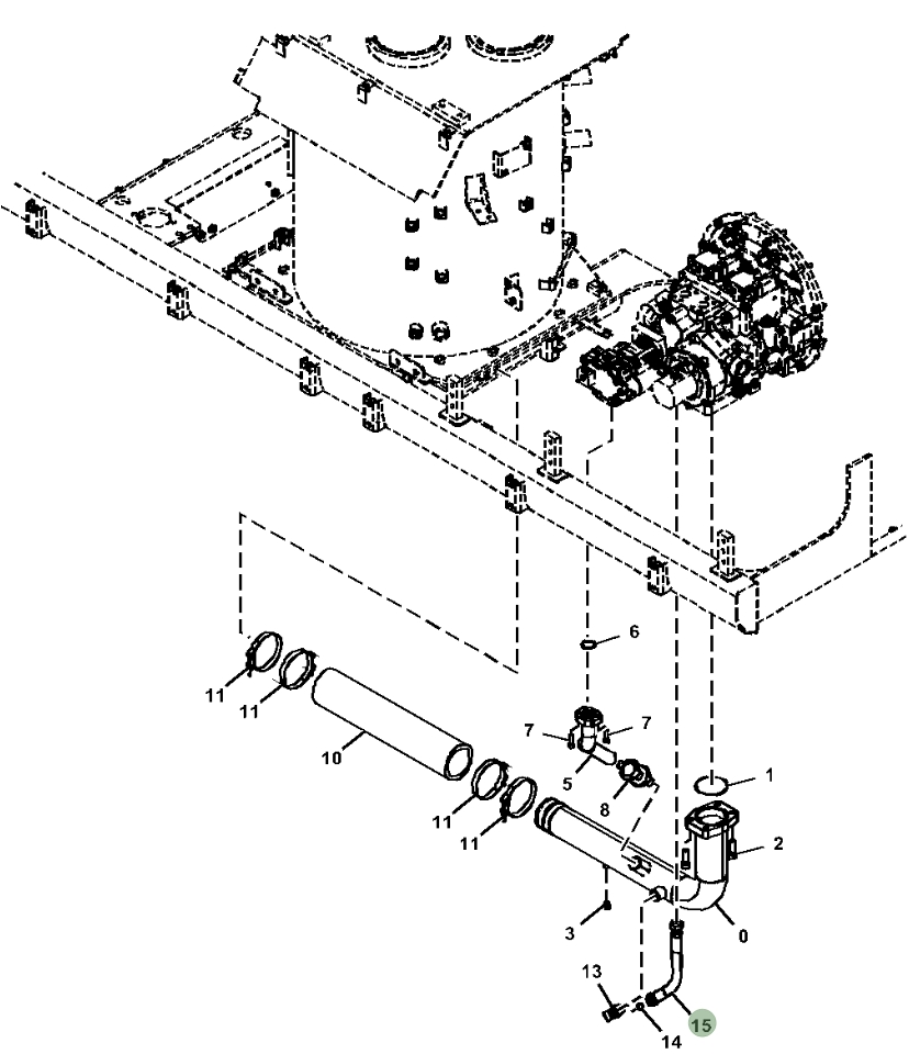 Hitachi ZX470-5A installation diagram showing hydraulic hose 4644625 at Pipe No. 15