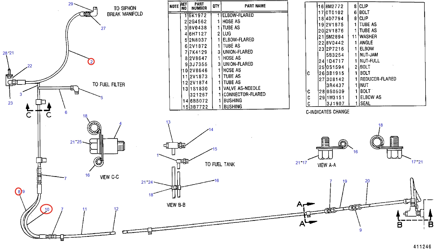 Caterpillar CAT®245 installation diagram showing hydraulic hose 2G-4562 at Pipe No. 2