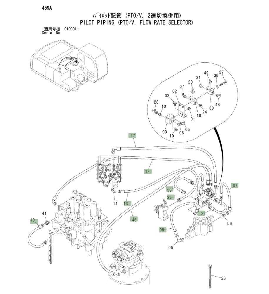 Hitachi ZX230 installation diagram showing hydraulic hose 4452037 at Pipe No. 23