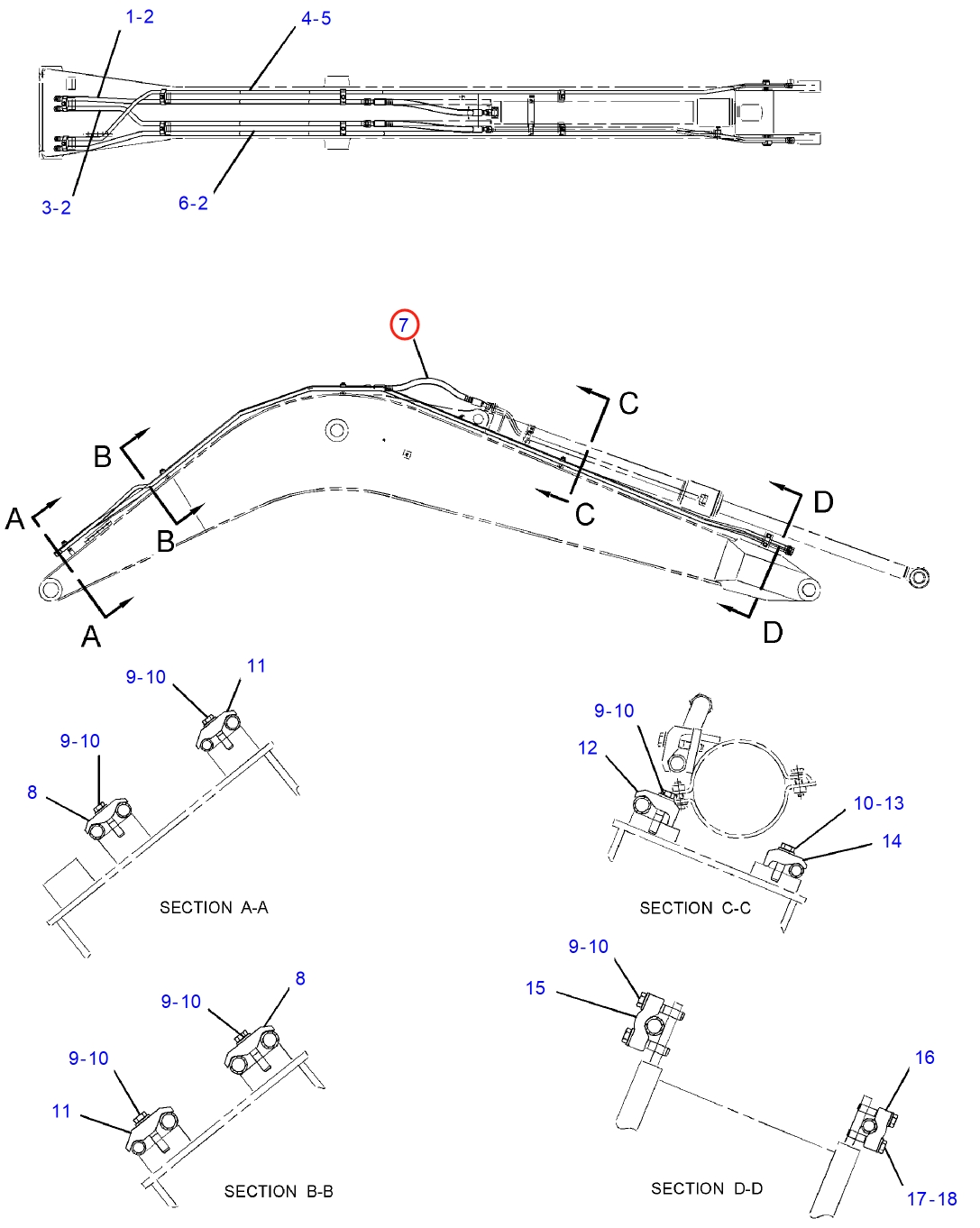 Caterpillar CAT®312C installation diagram showing hydraulic hose 4I-1095 at Pipe No. 7