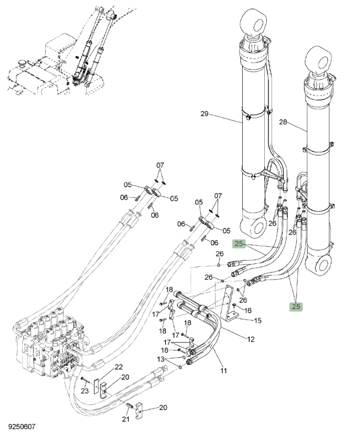 Hitachi ZX450LC-3 installation diagram showing hydraulic hose 4636821 at Pipe No. 25