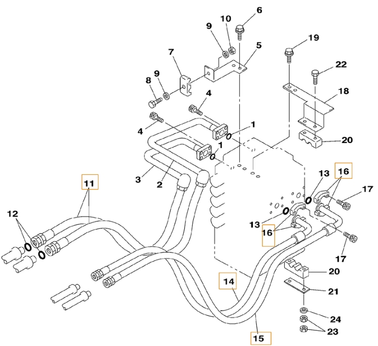 Case CX130 installation diagram showing hydraulic hose KNJ2518 at Pipe No. 11