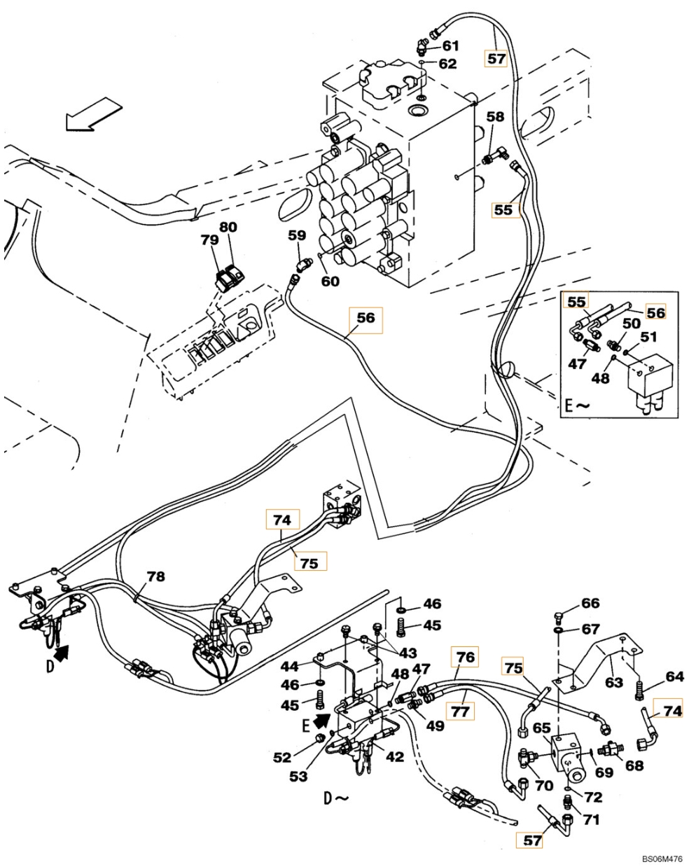 Case CX240B installation diagram showing hydraulic hose KHJ2036 at Pipe No. 75