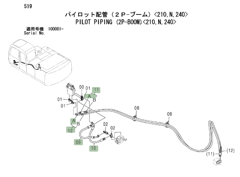 Hitachi ZX200LC installation diagram showing hydraulic hose 4437638 at Pipe No. 11A
