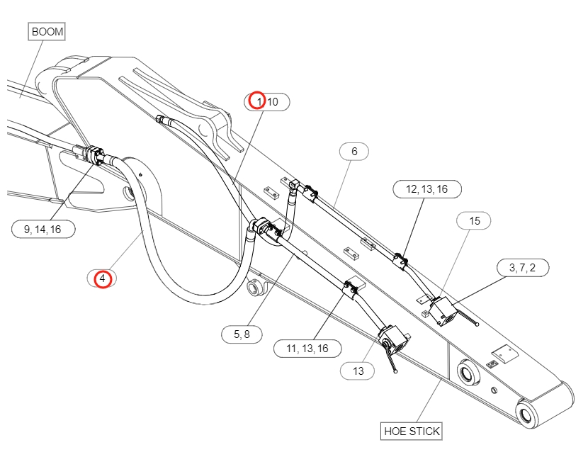 Caterpillar CAT®318E L installation diagram showing hydraulic hose 4I-5556 at Pipe No. 1