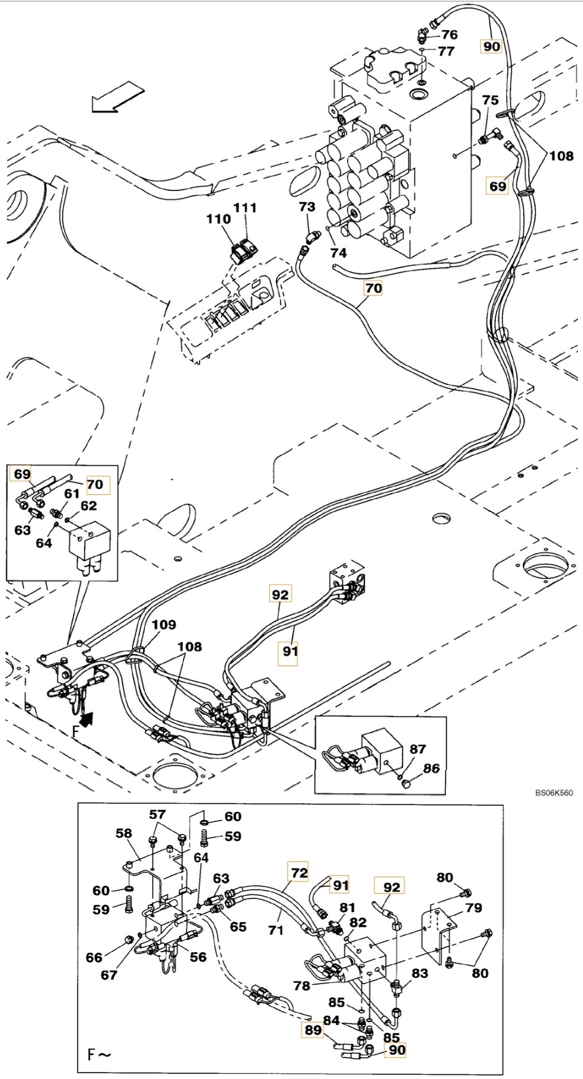 Case CX240B installation diagram showing hydraulic hose KHJ2048 at Pipe No. 92