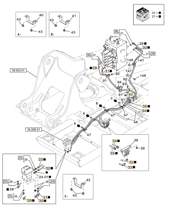 Case CX220C installation diagram showing hydraulic hose KHJ2092 at Pipe No. 32