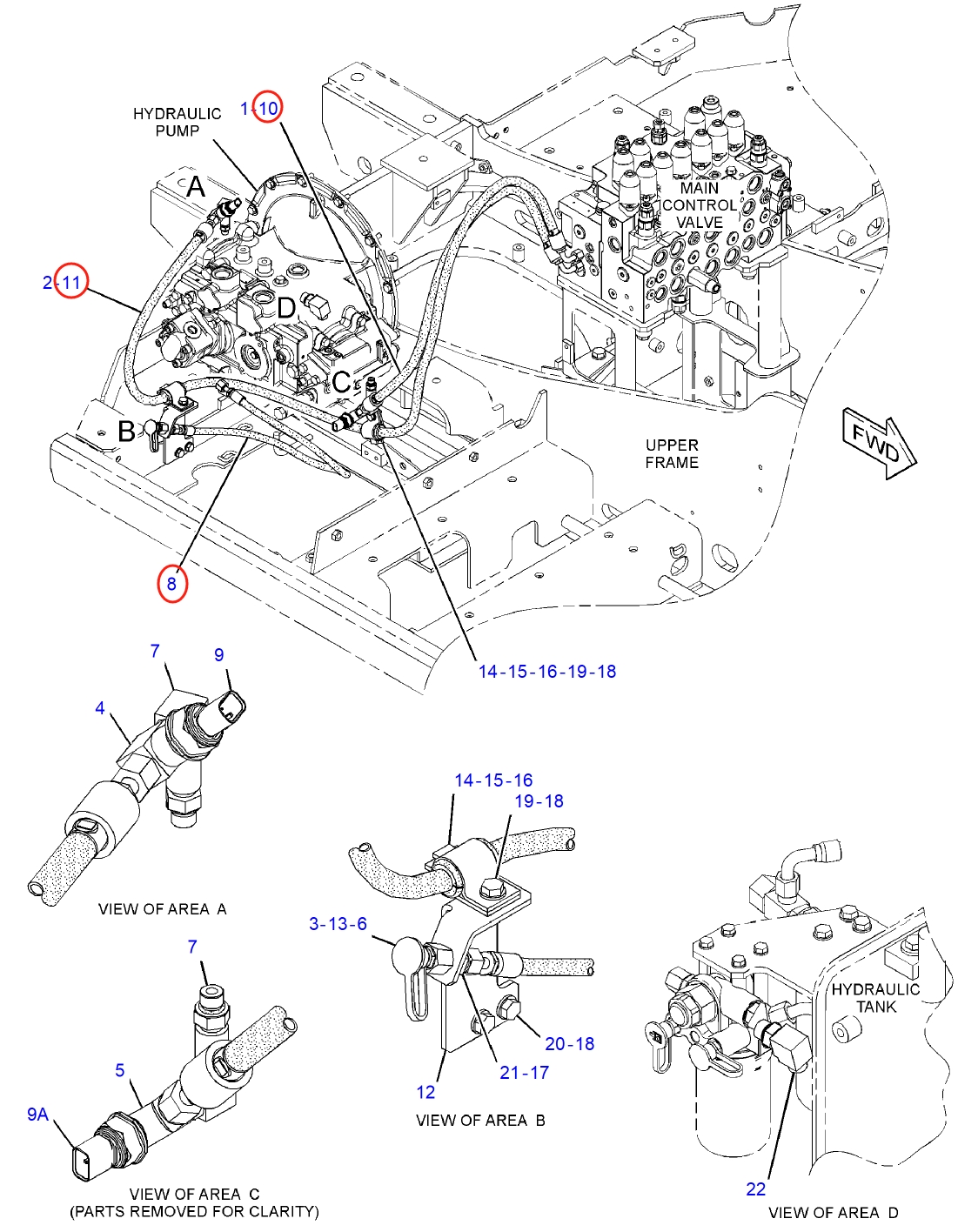 Caterpillar CAT®313F L installation diagram showing hydraulic hose 292-7176 at Pipe No. 8