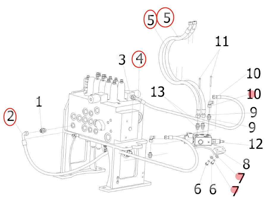 Sunward SWE155F installation diagram showing hydraulic hose 73050200A095 at Pipe No. 5