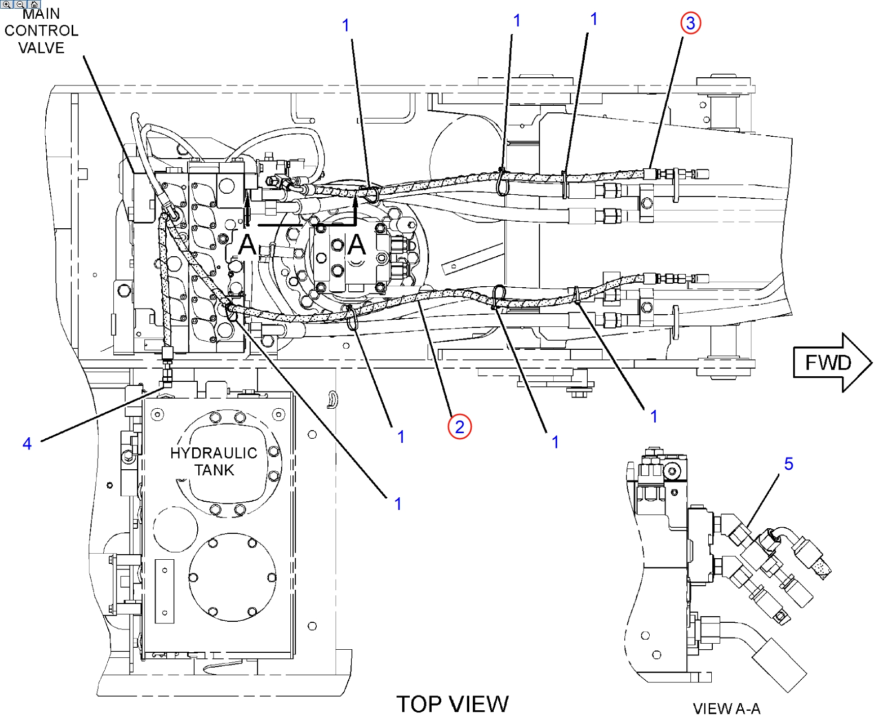 Caterpillar CAT®313F L installation diagram showing hydraulic hose 320-0063 at Pipe No. 2