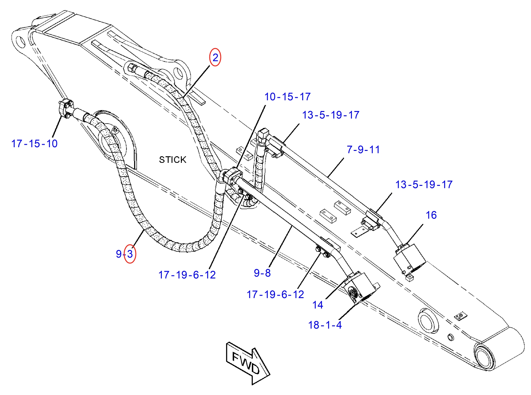Caterpillar CAT®312D installation diagram showing hydraulic hose 187-6692 at Pipe No. 2
