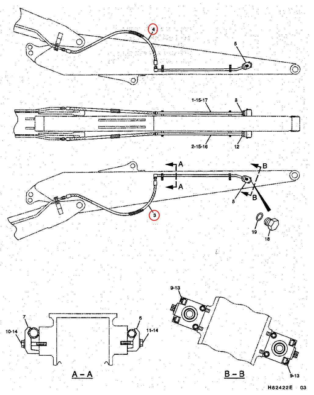Caterpillar CAT®312B installation diagram showing hydraulic hose 146-1325 at Pipe No. 4