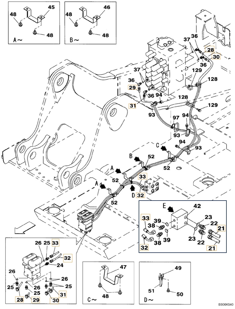 Case CX210BLR installation diagram showing hydraulic hose KHJ2199 at Pipe No. 29