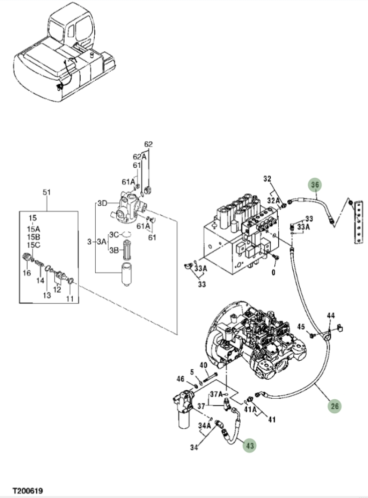 Hitachi ZX200F installation diagram showing hydraulic hose 4436575 at Pipe No. 36