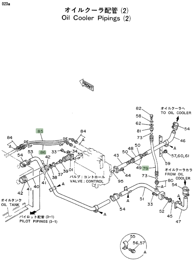 Hitachi EX200LC installation diagram showing hydraulic hose 4204179 at Pipe No. 86