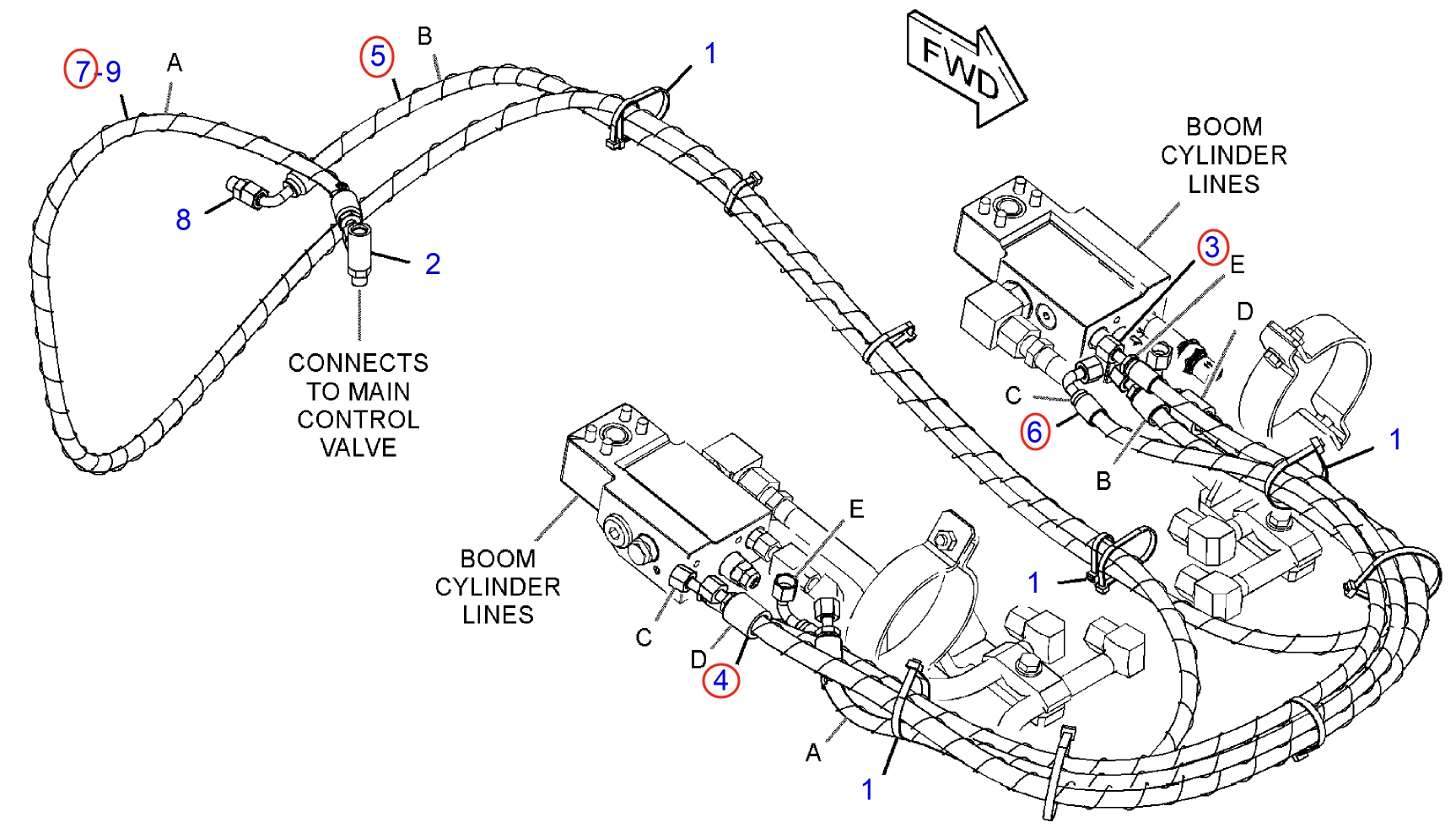 Caterpillar CAT®314E LCR installation diagram showing hydraulic hose 376-6265 at Pipe No. 7