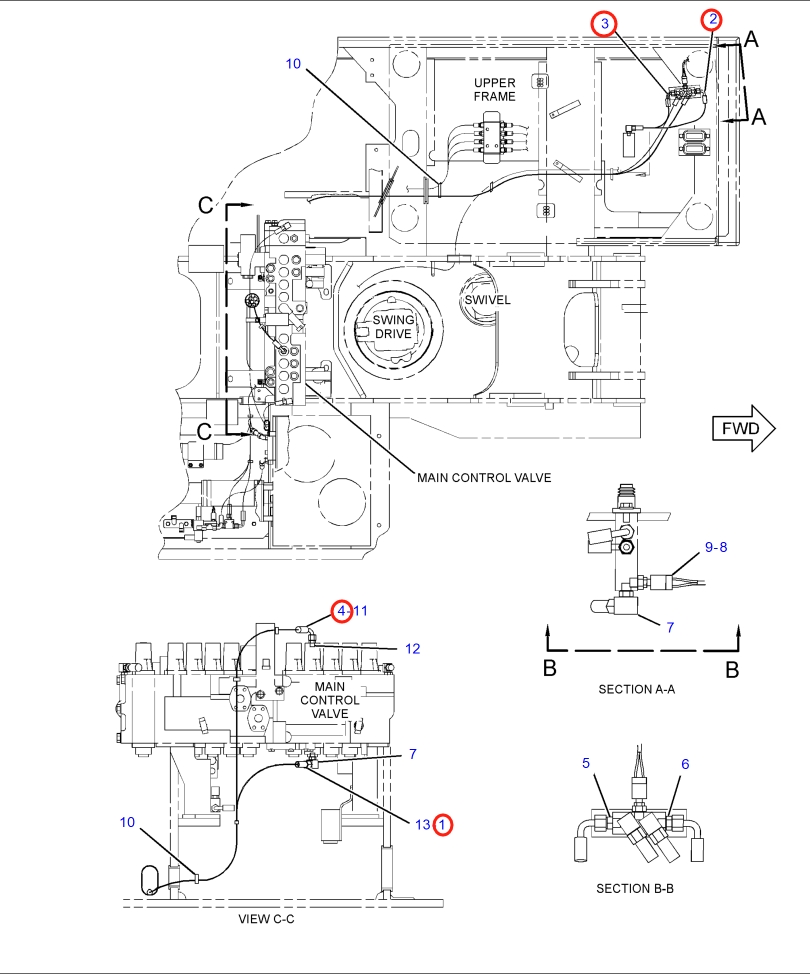 Caterpillar CAT®318C installation diagram showing hydraulic hose 4I-3511 at Pipe No. 1