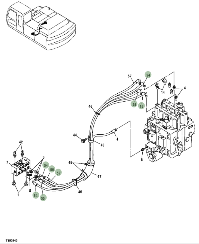 Hitachi ZX350F installation diagram showing hydraulic hose 4456554 at Pipe No. 64