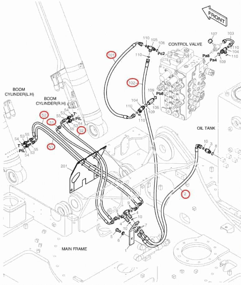 Doosan DX140LCR-5 installation diagram showing hydraulic hose DS2123123 at Pipe No. 101