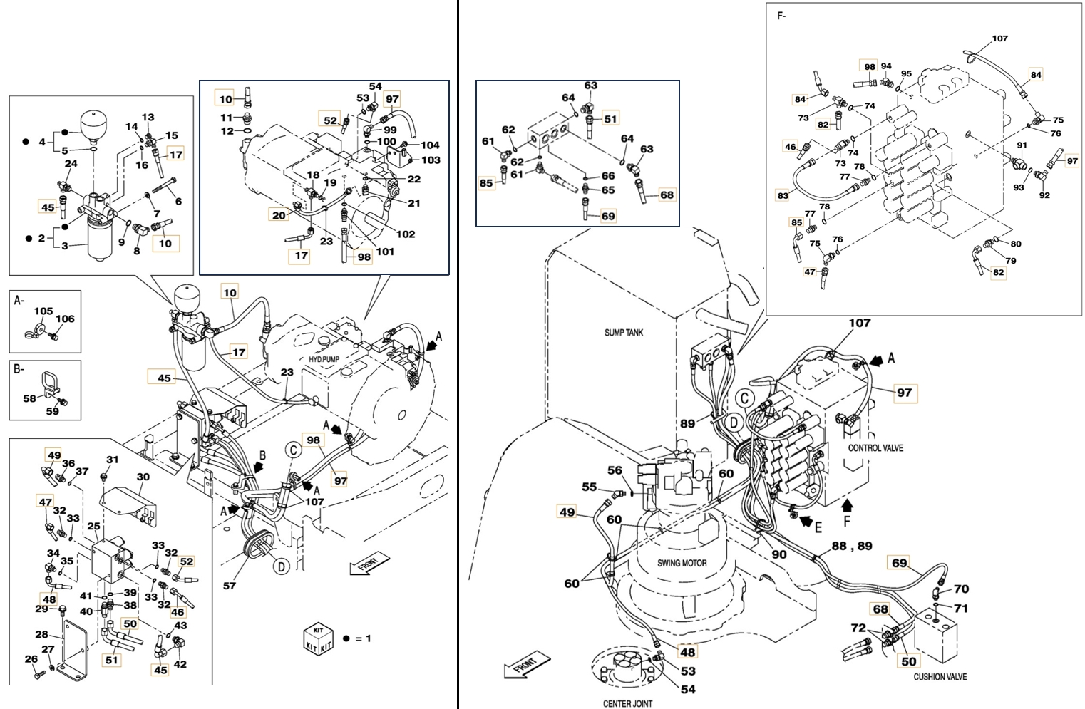 Case CX210C LR installation diagram showing hydraulic hose KHJ2342 at Pipe No. 20