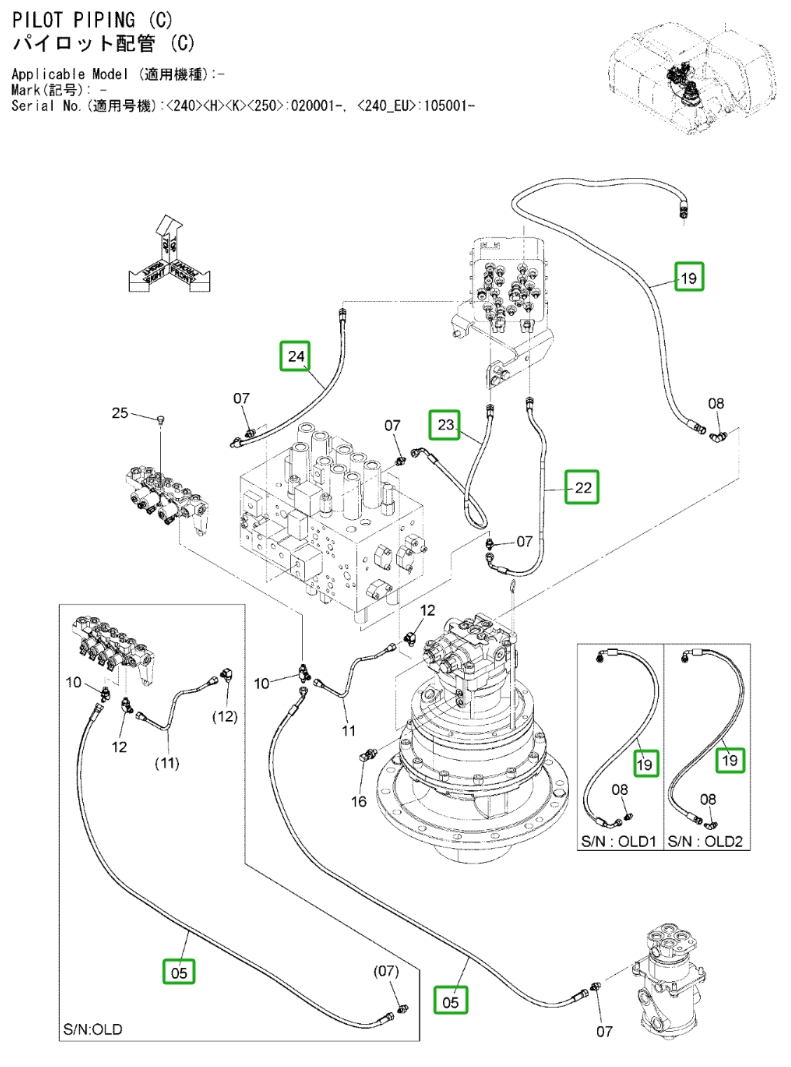 Hitachi ZX240LC-3 installation diagram showing hydraulic hose 4427111 at Pipe No. 24