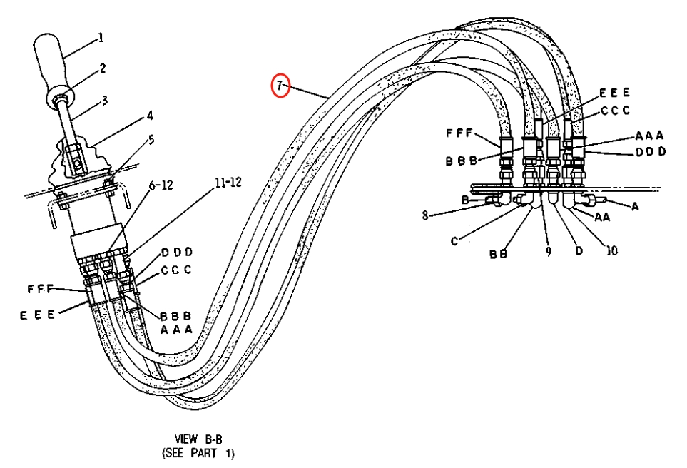 Caterpillar CAT®215C installation diagram showing hydraulic hose 8R-0944 at Pipe No. 7