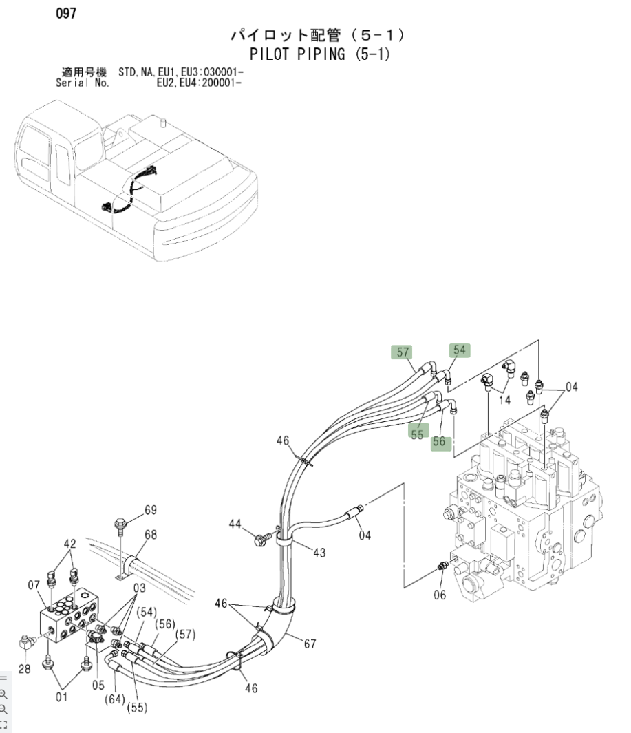 Hitachi ZX330LC installation diagram showing hydraulic hose 4456548 at Pipe No. 54