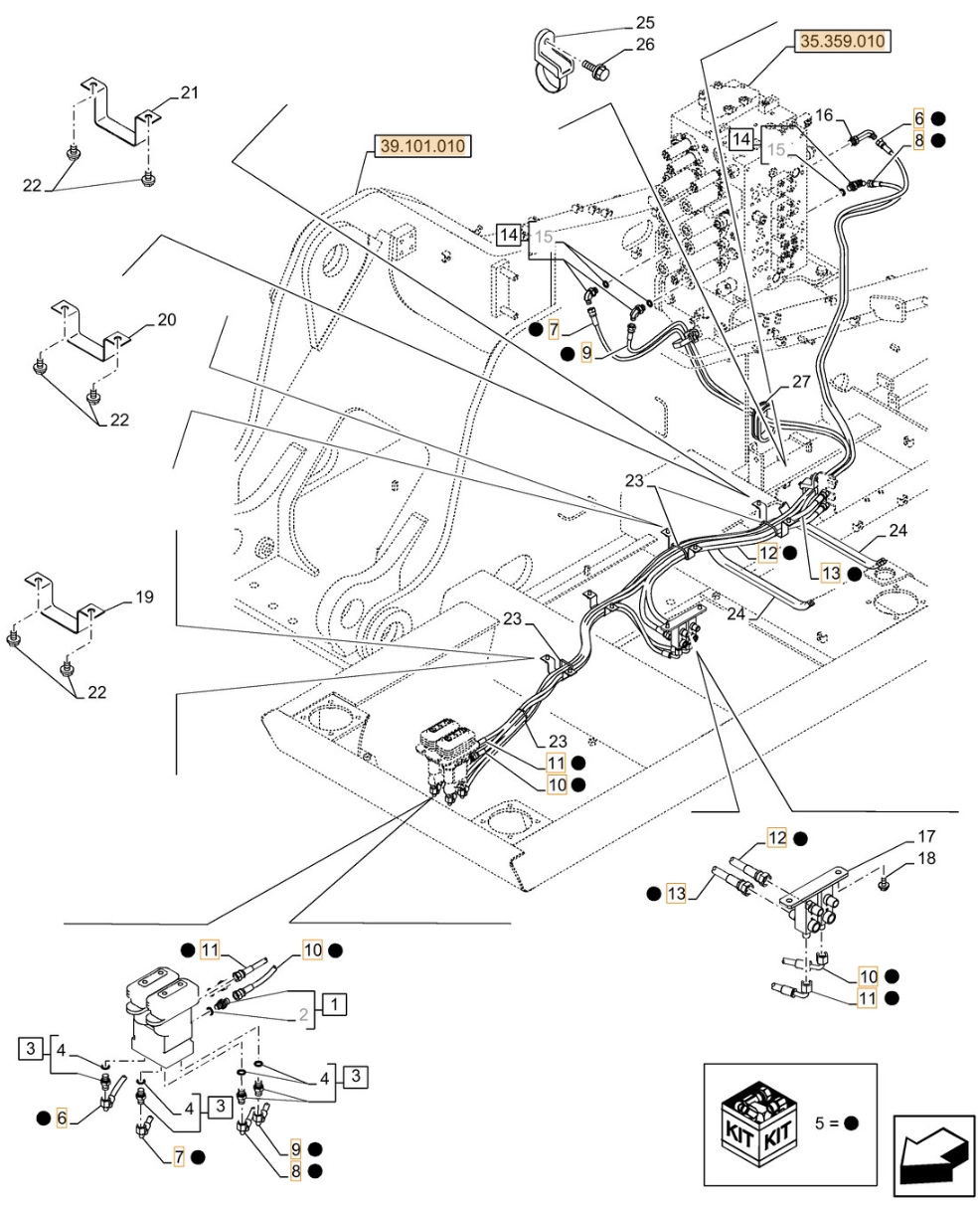 Case CX210D LC 2PB installation diagram showing hydraulic hose KHJ2092 at Pipe No. 10