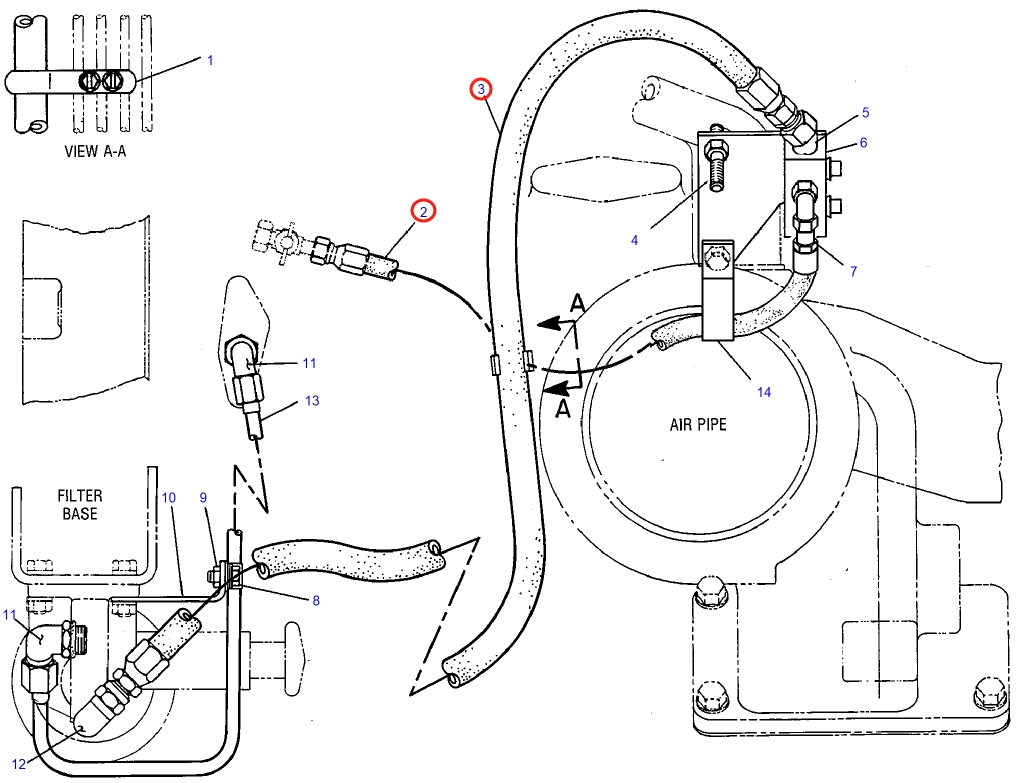 Caterpillar CAT®225D installation diagram showing hydraulic hose 6N-8659 at Pipe No. 2