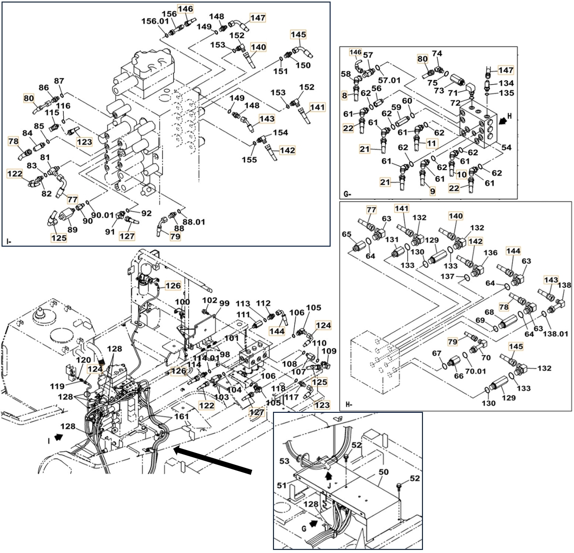 Case CX370C LC installation diagram showing hydraulic hose KHJ2309 at Pipe No. 123