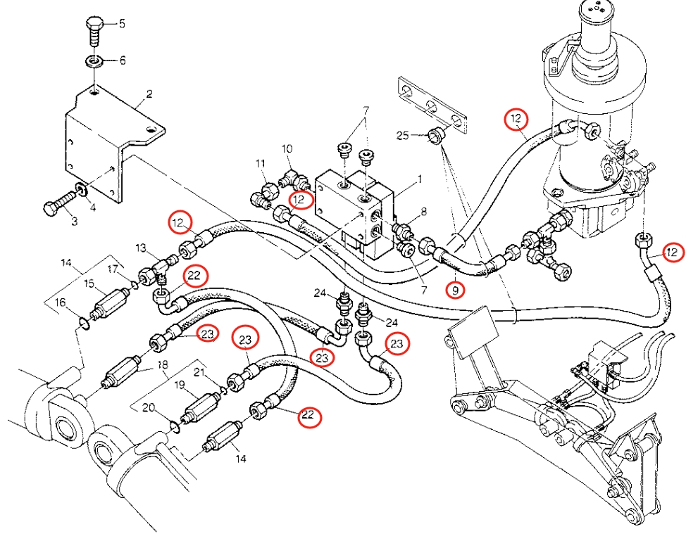 Caterpillar CAT®214B installation diagram showing hydraulic hose 8U-0106 at Pipe No. 9