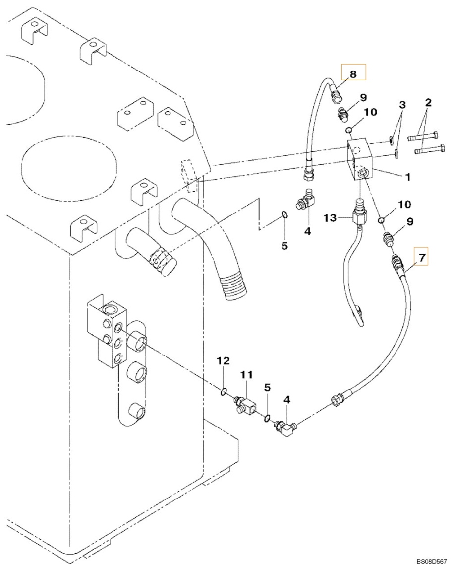 Case CX350B installation diagram showing hydraulic hose KHJ2394 at Pipe No. 7