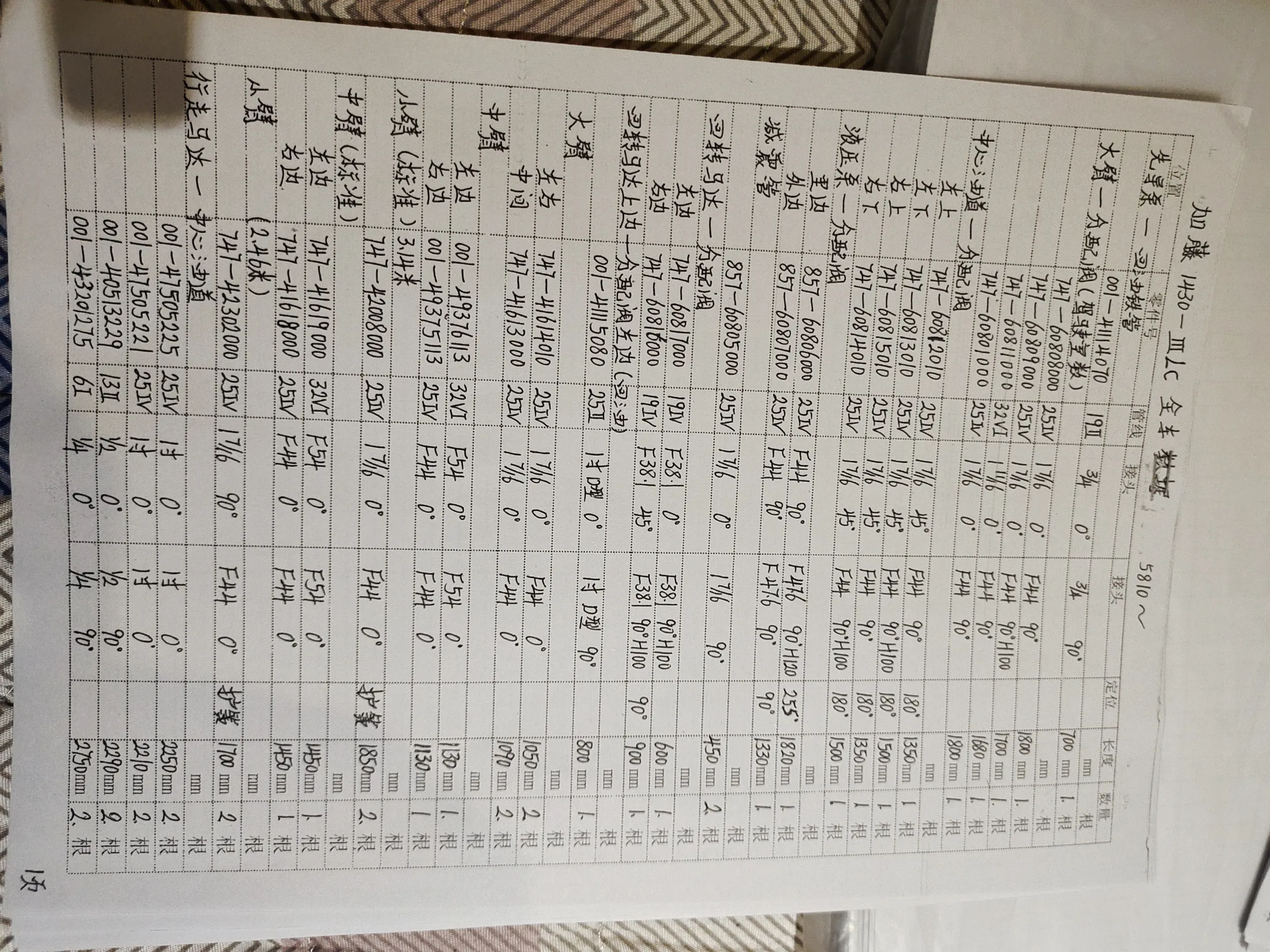Kato 1430-III LC hydraulic hose part numbers and recorded lengths — technician notebook page 1 of 1
