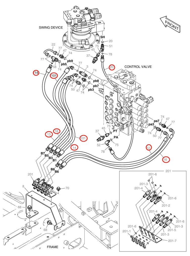 Doosan DX140LC-3 installation diagram showing hydraulic hose DS2119114 at Pipe No. 20