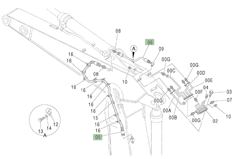 Hitachi ZX450LC installation diagram showing hydraulic hose 4306075 at Pipe No. 6
