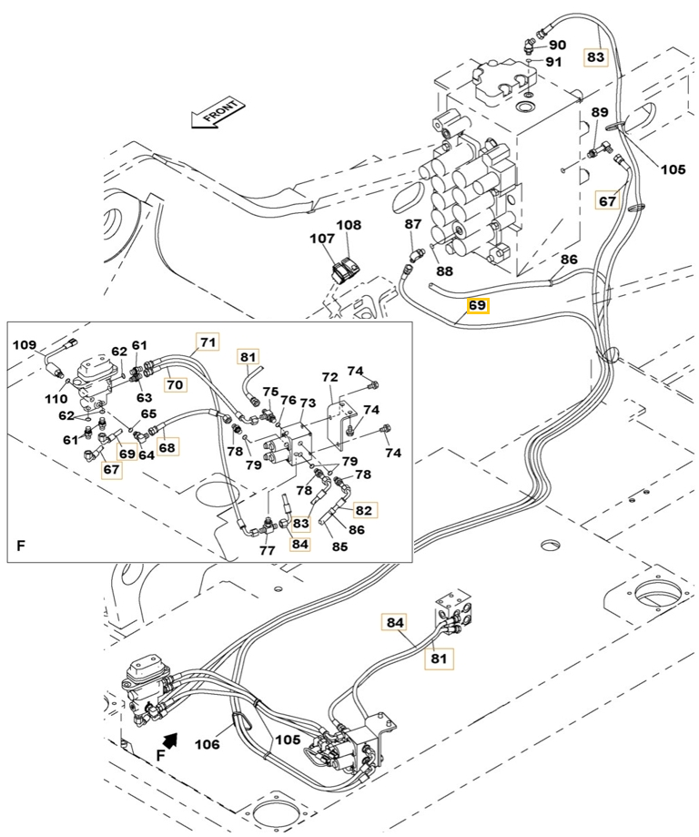 Case CX300B installation diagram showing hydraulic hose KHJ11500 at Pipe No. 69