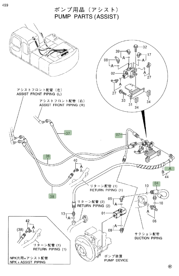 Hitachi EX200LC-5 installation diagram showing hydraulic hose 4159514 at Pipe No. 7