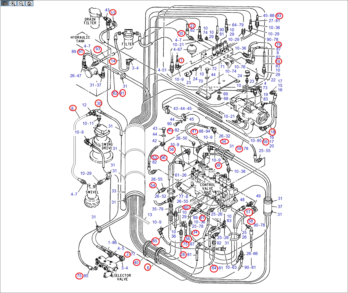 Caterpillar CAT®318B installation diagram showing hydraulic hose 7I-0181 at Pipe No. 34