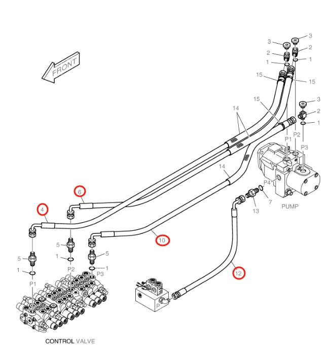 Doosan DX15 installation diagram showing hydraulic hose DS2054207 at Pipe No. 12