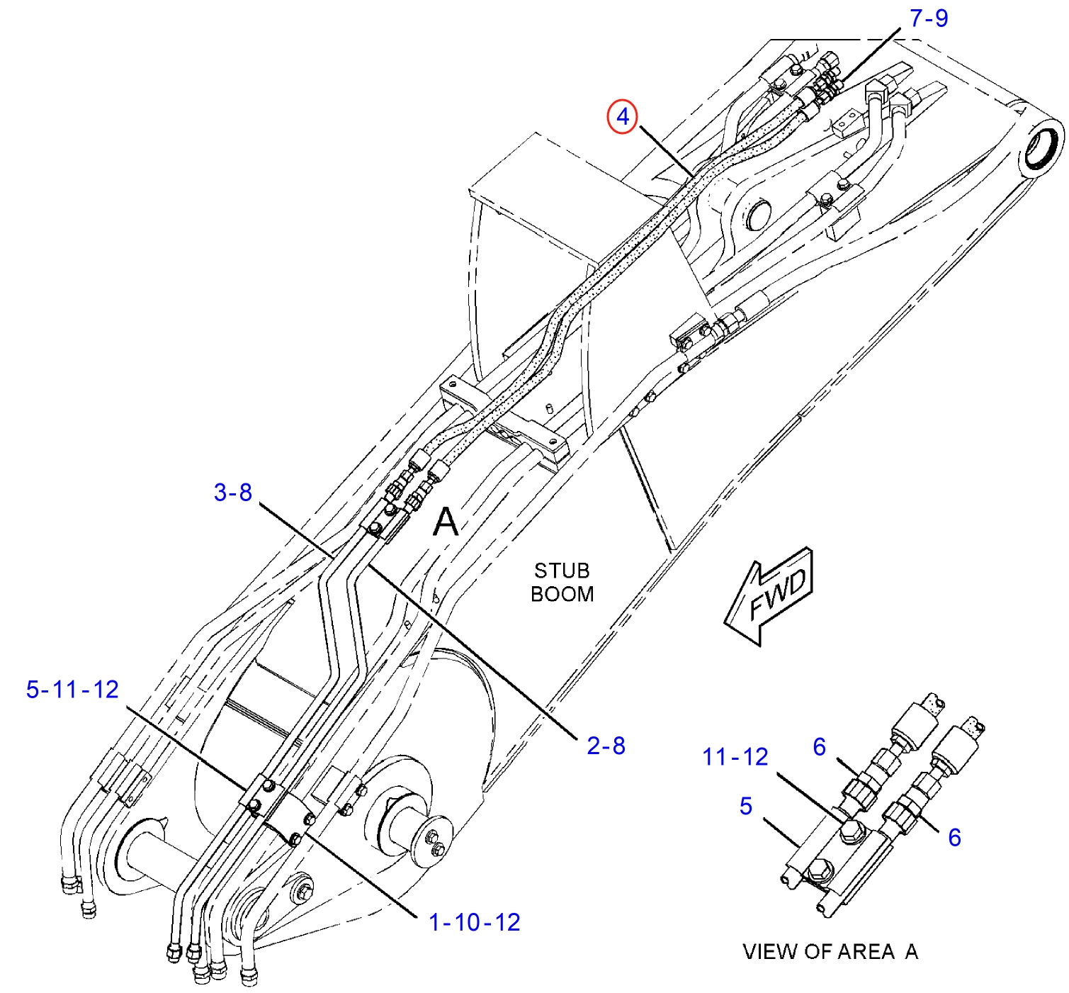 Caterpillar CAT®313F installation diagram showing hydraulic hose 382-7099 at Pipe No. 4