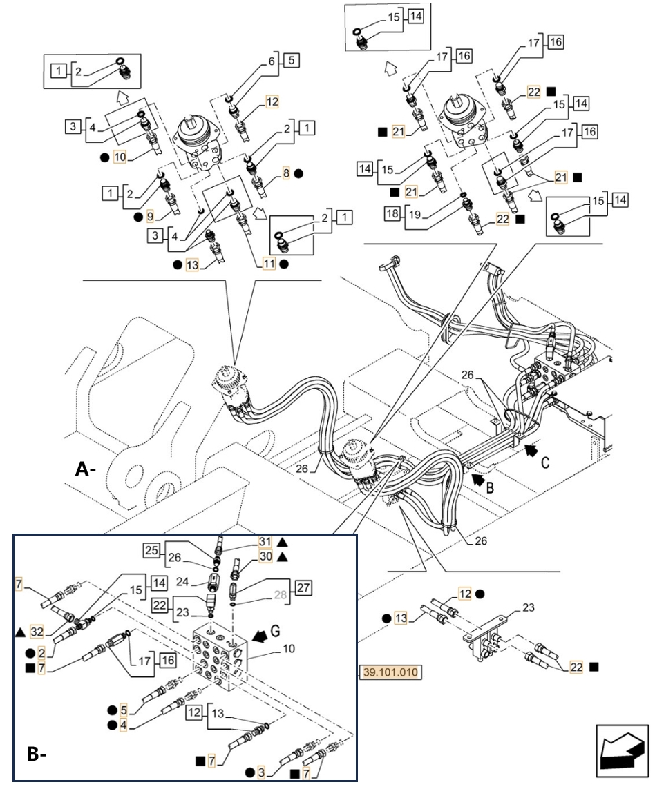 Case CX210D LC 2PB installation diagram showing hydraulic hose 159211A1 at Pipe No. A8-B2