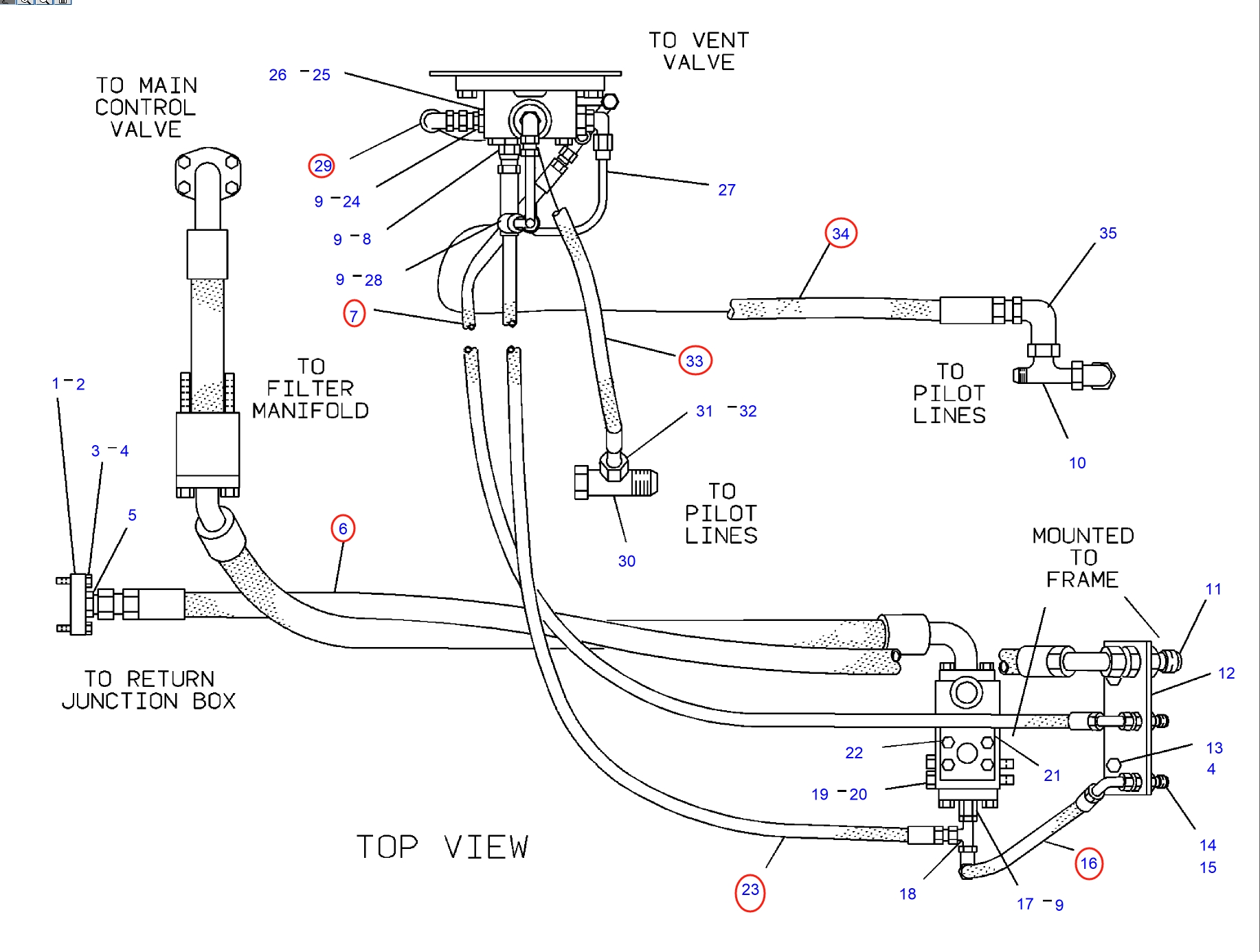 Caterpillar CAT®245D installation diagram showing hydraulic hose 8V-8233 at Pipe No. 23