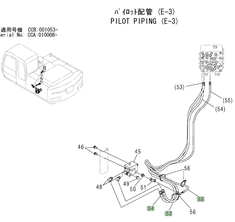 Hitachi ZX180W installation diagram showing hydraulic hose 4624861 at Pipe No. 54