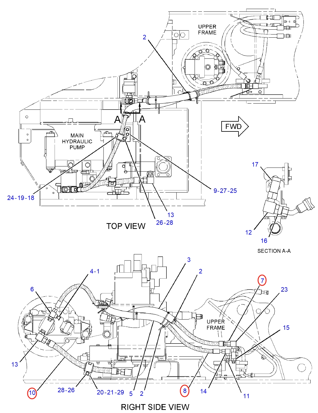Caterpillar CAT®312D L installation diagram showing hydraulic hose 285-2447 at Pipe No. 8