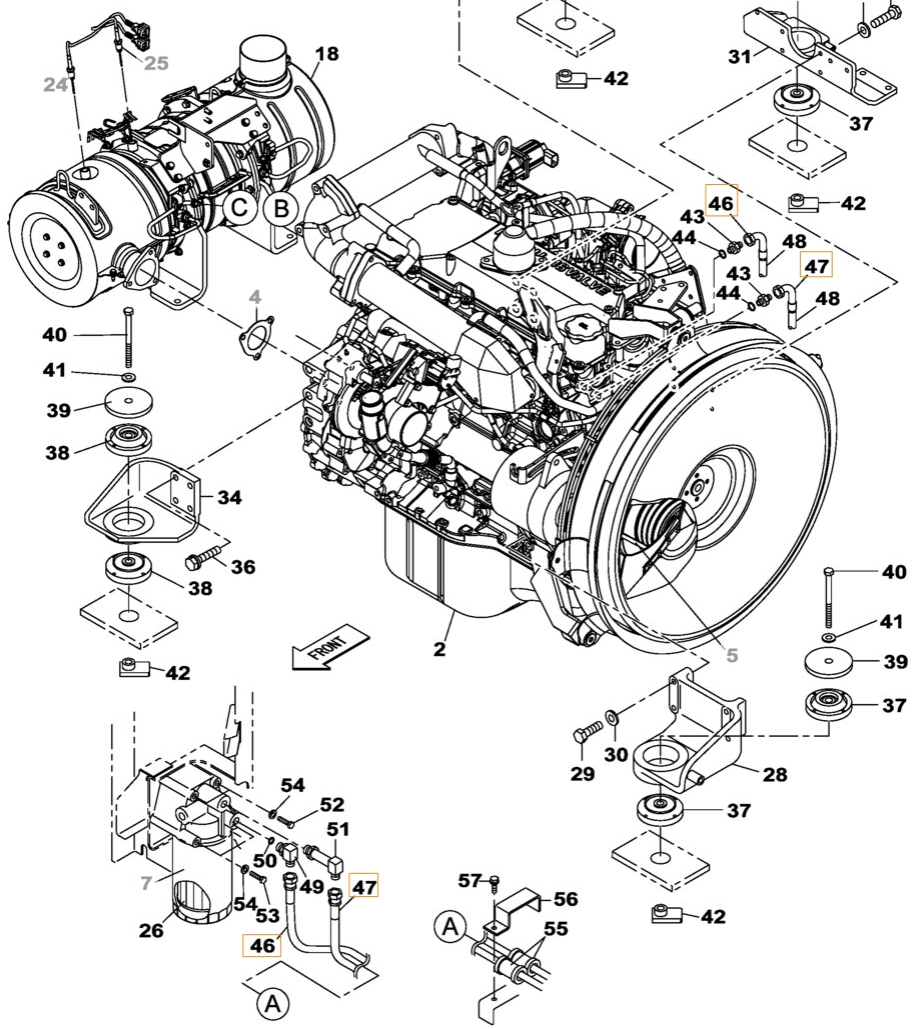 Case CX210C LR installation diagram showing hydraulic hose KRH10330 at Pipe No. 47