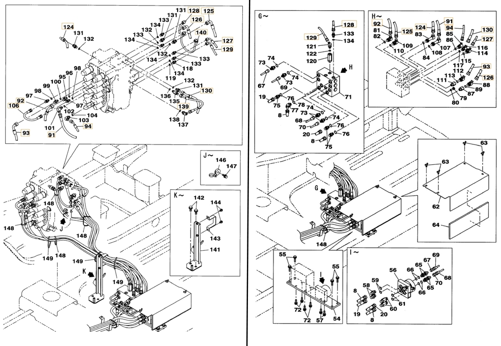 Case CX160B installation diagram showing hydraulic hose KHJ11170 at Pipe No. 130