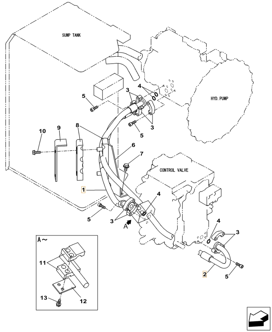 Case CX130C-8 installation diagram showing hydraulic hose KNJ11480 at Pipe No. 1