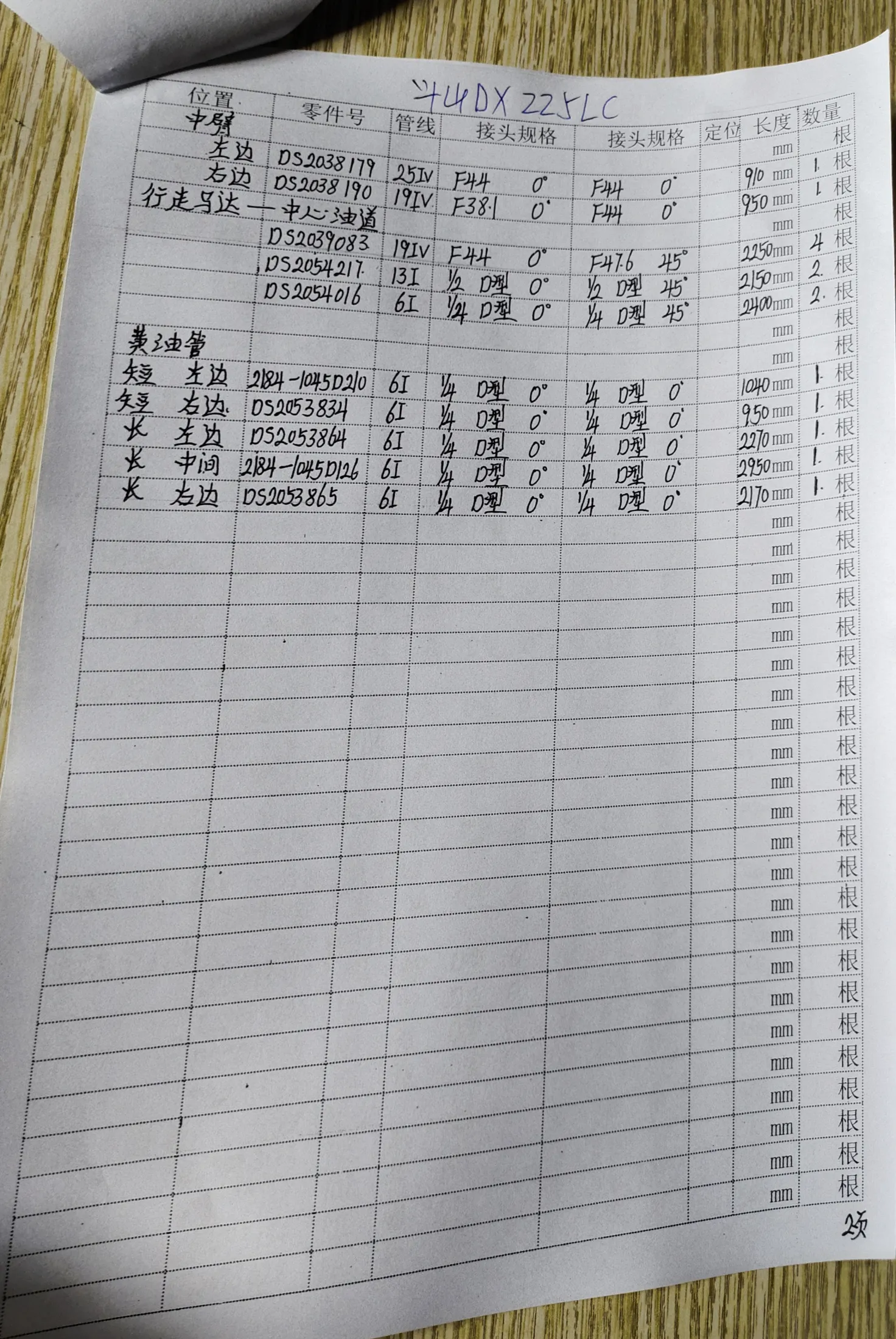 斗山 DX225LC hydraulic hose part numbers and recorded lengths — technician notebook page 2 of 5