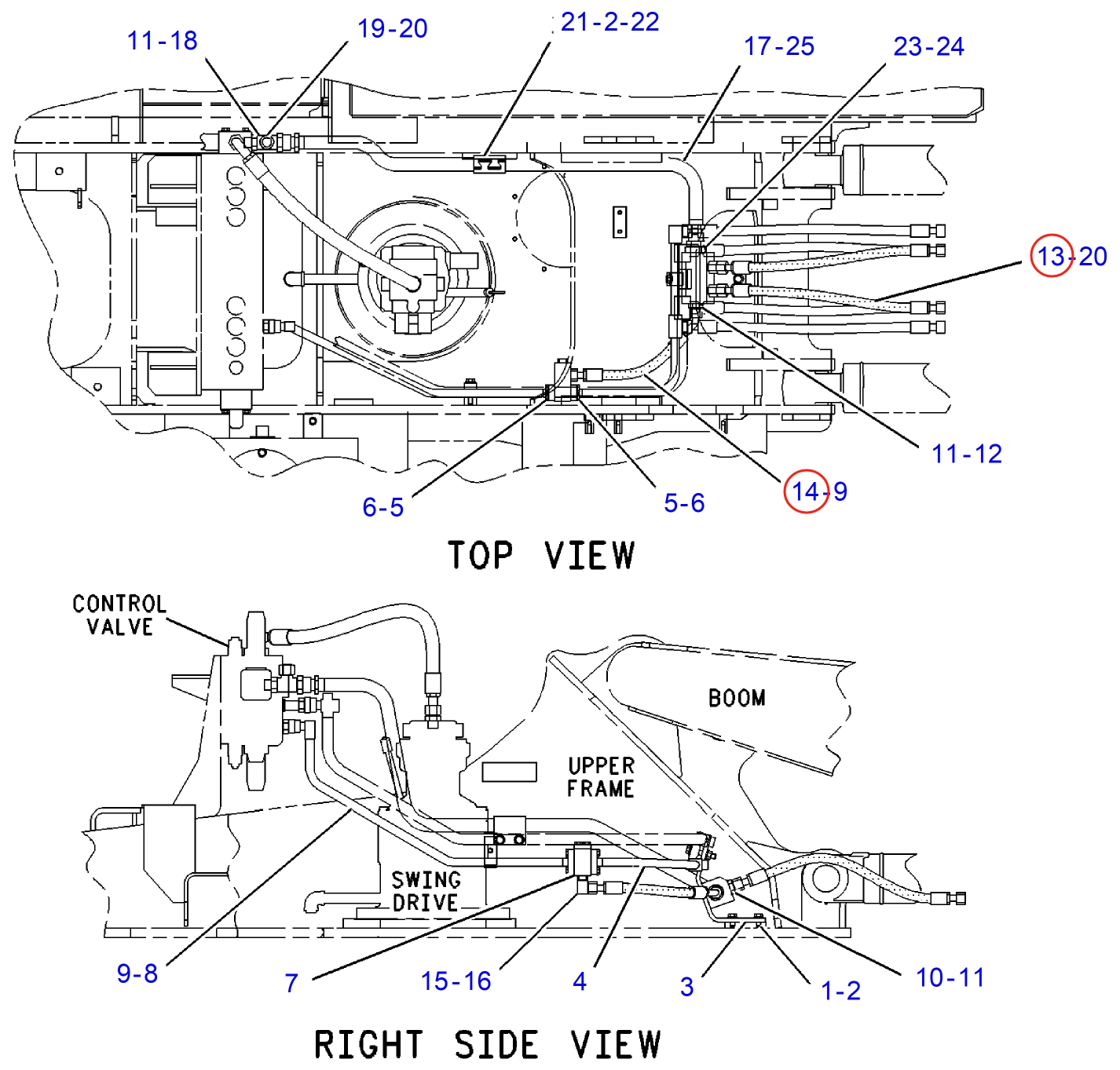 Caterpillar CAT®315-A installation diagram showing hydraulic hose 8R-2014 at Pipe No. 13