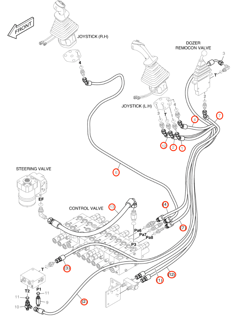 Doosan DX57W-5 installation diagram showing hydraulic hose DS2093056 at Pipe No. 3
